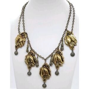 Vintage Art Nouveau Brass Etruscan Revival Festoon Necklace Leaves 1920s